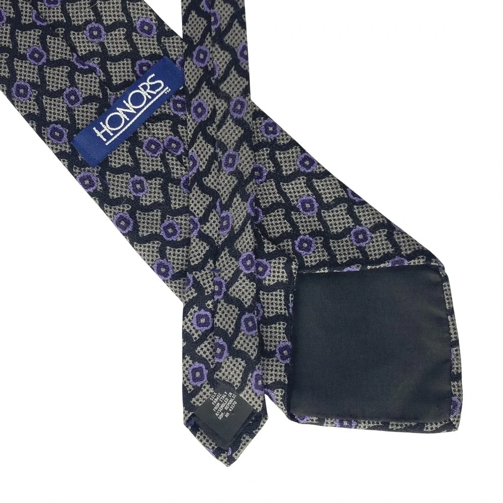 HONORS Silk Neck Tie Mens Black Purple Geometric Medallion‎ Pattern Classic 59x4